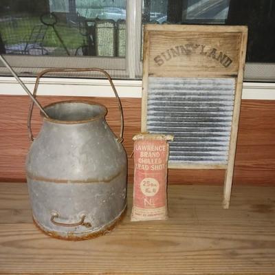 SUNNY LAND WASHBOARD, DAIRY CREAM CAN AND FAKE BAG OF LEAD SHOT