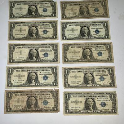 Lot of Ten 1957 Blue Seal $1 Silver Certificates