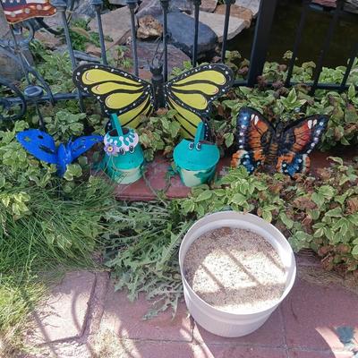 TALL SHEPHEERDS HOOK AND VARIOUS OTHER YARD ART