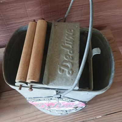 ANTIQUE WOOD WRAPPED CASK CAN & A DELUXE METALWARE MOP BUCKET &