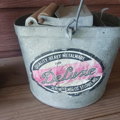 ANTIQUE WOOD WRAPPED CASK CAN & A DELUXE METALWARE MOP BUCKET &