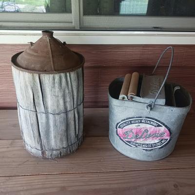 ANTIQUE WOOD WRAPPED CASK CAN & A DELUXE METALWARE MOP BUCKET &