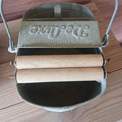 ANTIQUE WOOD WRAPPED CASK CAN & A DELUXE METALWARE MOP BUCKET &