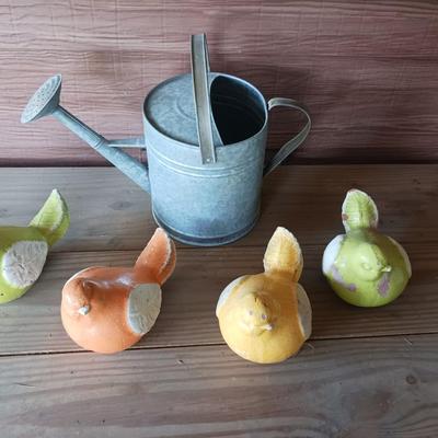 GALVANIZED WATERING CAN AND 4 HEAVY BIRDS