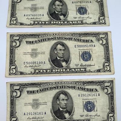 Lot of Three 1957 Blue Seal $5 Silver Certificates