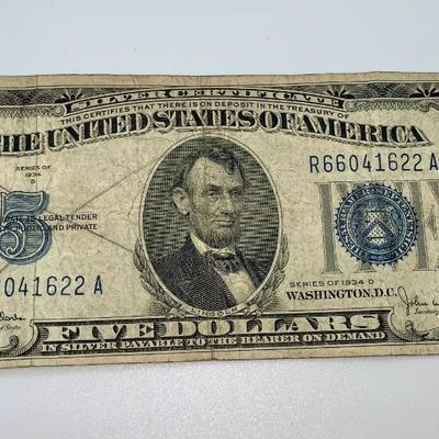 1934 D $5 Blue Seal Silver Certificate