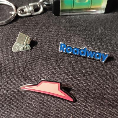 PRINCE ALBERT TIN, VARIOUS PINS AND A KEYCHAIN