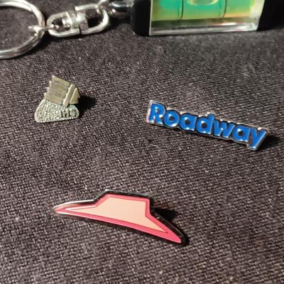 PRINCE ALBERT TIN, VARIOUS PINS AND A KEYCHAIN