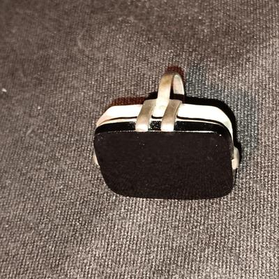 LARGE BLACK ONYX? STONE SET IN STERLING SILVER