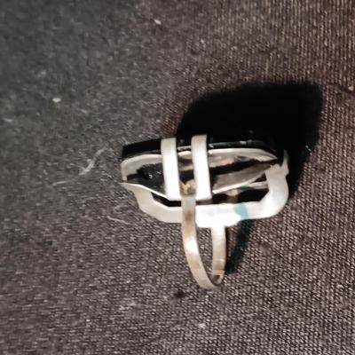 LARGE BLACK ONYX? STONE SET IN STERLING SILVER
