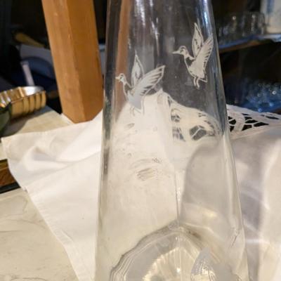 Vintage Clear Glass Decanter Bottle With Flying Geese & Duck Design