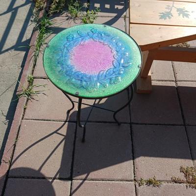 WOODEN BENCH AND 2 IRON SIDE TABLES