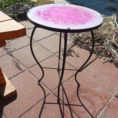 WOODEN BENCH AND 2 IRON SIDE TABLES