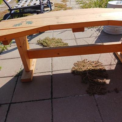 WOODEN BENCH AND 2 IRON SIDE TABLES