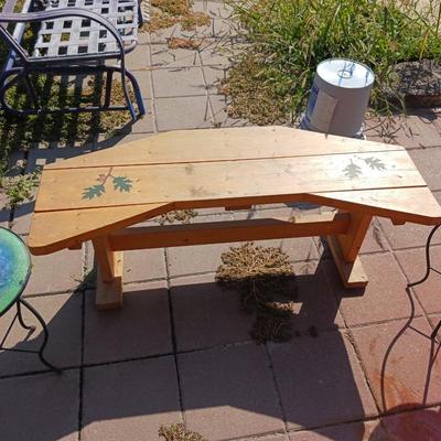 WOODEN BENCH AND 2 IRON SIDE TABLES