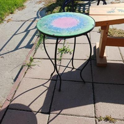 WOODEN BENCH AND 2 IRON SIDE TABLES