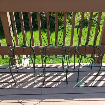 3 METAL CHAIE PLANT STANDS AND GARDEN BUGS