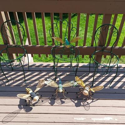 3 METAL CHAIE PLANT STANDS AND GARDEN BUGS