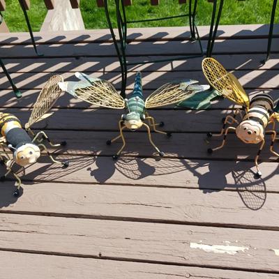 3 METAL CHAIE PLANT STANDS AND GARDEN BUGS