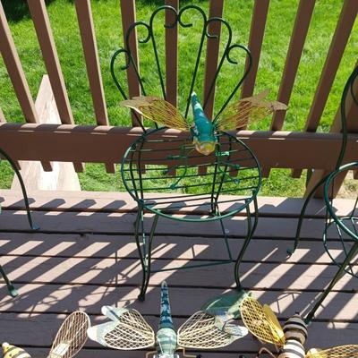 3 METAL CHAIE PLANT STANDS AND GARDEN BUGS