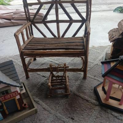 BIRD HOUSES AND DOLL SIZE TWIG CHAIR