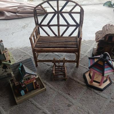 BIRD HOUSES AND DOLL SIZE TWIG CHAIR