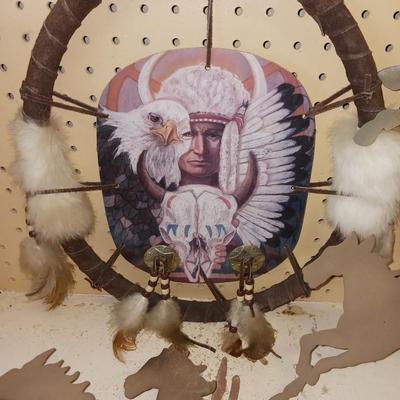 LASER CUT STEEL HORSES AND A NATIVE AMERICAN WALL HANGING