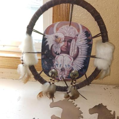LASER CUT STEEL HORSES AND A NATIVE AMERICAN WALL HANGING