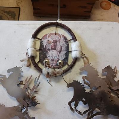LASER CUT STEEL HORSES AND A NATIVE AMERICAN WALL HANGING