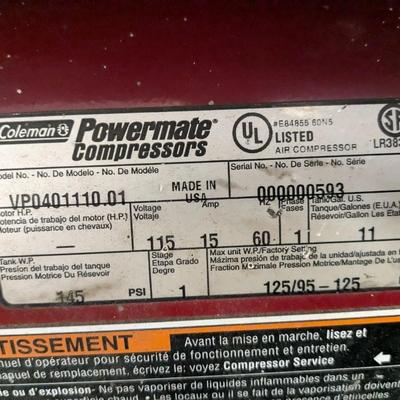 Coleman Powermate Compressor, 4 HP, 11 Gal