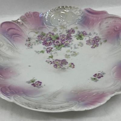Hand Painted Antique Cake Plate Serving Bowl with cut-out handles