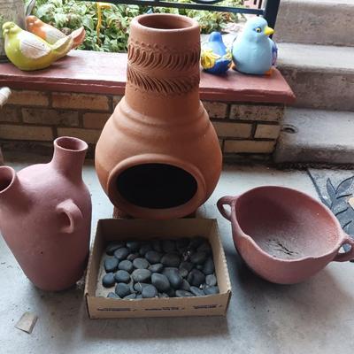 TERRA COTTA CHIMENEAS, DOUBLE SPOUT CONTAINER, CLAY BOWL