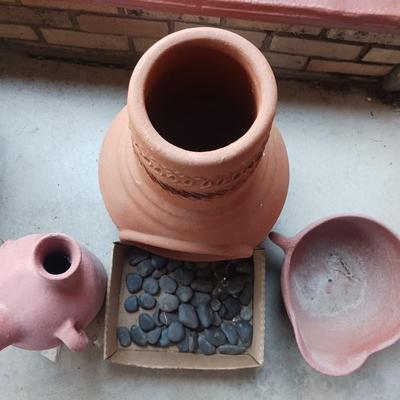TERRA COTTA CHIMENEAS, DOUBLE SPOUT CONTAINER, CLAY BOWL