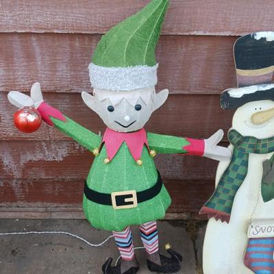 LIGHTED ELF, WOODEN SNOWMEN AND SANTA
