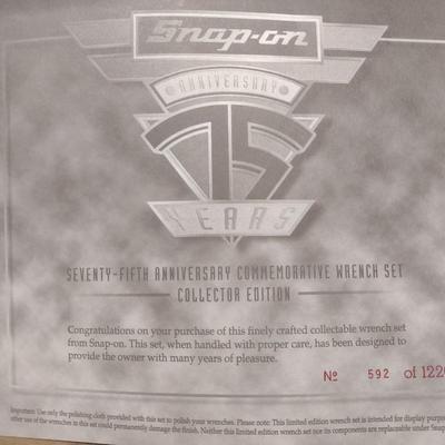 Snap-On 75th Anniversary Hand Wrench Set in Collector Case with C.O.A. Numbered Limited Edition