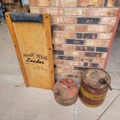 Vintage lot, 2 gas cans and creeper board