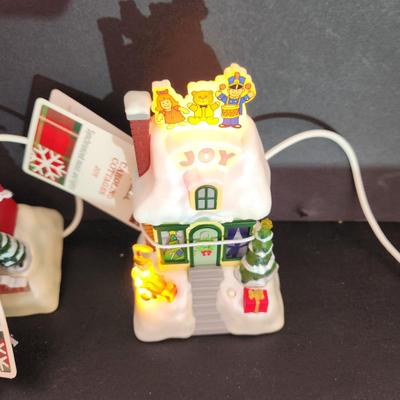 4 Hallmark Caroling Cottages Music & Lights Joy, Merry Christmas, Noel ,Seasons Greetings