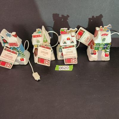 4 Hallmark Caroling Cottages Music & Lights Joy, Merry Christmas, Noel ,Seasons Greetings