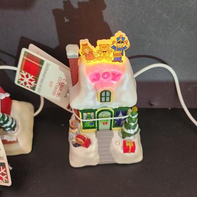 4 Hallmark Caroling Cottages Music & Lights Joy, Merry Christmas, Noel ,Seasons Greetings
