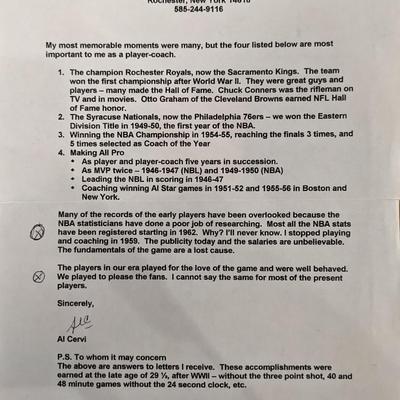 Al Cervi Signed Letter