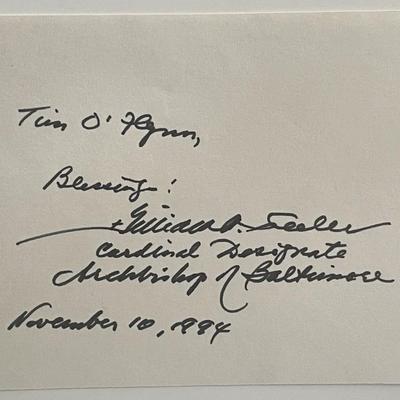 Archbishop of Baltimore William H. Keeler signed note
