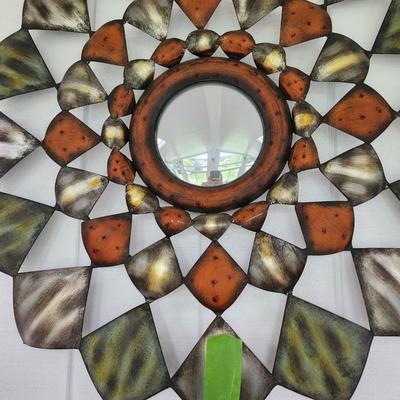 Metal Wall Art w Small Center Convex Mirror 34" dia.