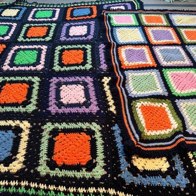 Two Vintage Colorful Crochet Blankets