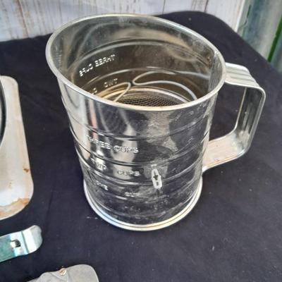Vintage Kitchen scale with an assortment of vintage kitchen items