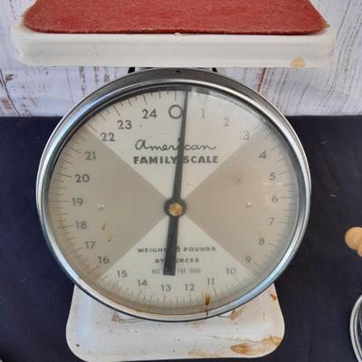 Vintage Kitchen scale with an assortment of vintage kitchen items