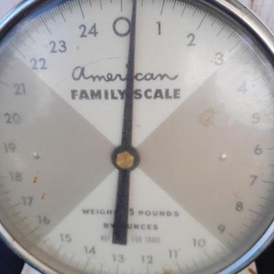 Vintage Kitchen scale with an assortment of vintage kitchen items