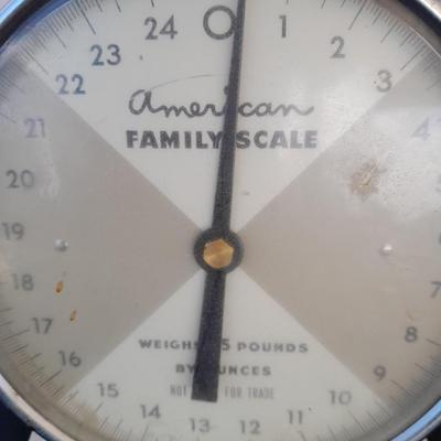Vintage Kitchen scale with an assortment of vintage kitchen items