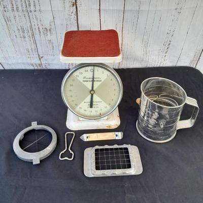 Vintage Kitchen scale with an assortment of vintage kitchen items