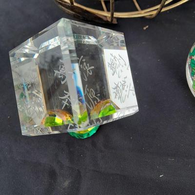 Brass and Copper World ball - Glass paperweight Earth and a glass Asian accent cube