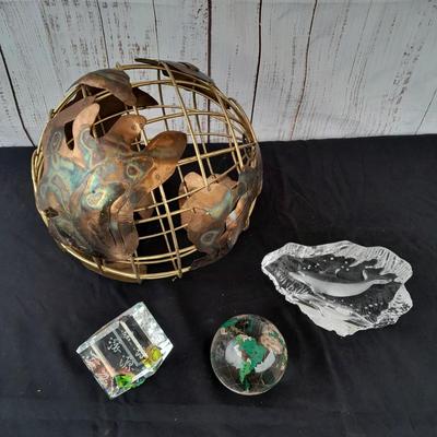 Brass and Copper World ball - Glass paperweight Earth and a glass Asian accent cube